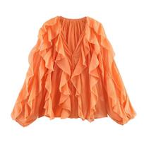 Ruffles moteriški marškiniai Pusiau permatomi laisvalaikio marškiniai Moteriai Pavasariniai pasakų marškiniai ir bliuskos Moteriai Ilgomis rankovėmis viršutiniai drabužiai M red