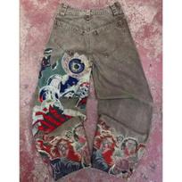 Y2K Gatvės stiliaus laisvi džinsai vyrams - Harajuku Hip Hop Retro laisvo kirpimo tiesaus kleismo medvilninės kelnės Medium gray