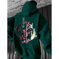 Unisex didelis gobtuvas su japoniškais karpiais, kardais ir vyšnių žiedų Ukiyo-e spaudiniu, laisvo kirpimo, gatvės stiliaus XXL black