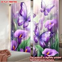 Set Of 2 Purple Butterfly Calla Lily Curtains Digital Printing Vibrant Flower Pattern Bedroom Living Room Decor Curtain Polyester Ideal For Great W100*H70(CM)-Hooks&1PCS purple
