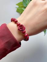 Purple Gold Sand Cinnabar Zodiac Buddha Bracelet with Pixiu, Money Bag, Ruyi, and Rose Flower Charms. brown