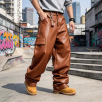 Men's Loose Fit Leather Cargo Pants Straight Leg Casual Trousers, Vintage M brown