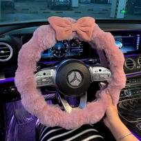 Fluffy Steering Wheel Cover Soft Plush Bow Design Steer Wheel Protector Wave Shape Anti Slip Steering Cover 38cm Car Decoration