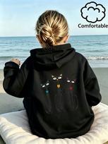 Teen Girls Grey Black Cat Graphic Hoodie Mid-Century Retro Printed Sweatshirt School Clothes Birthday Gift Autumn Tops 140 gray