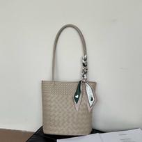 Womens Genuine Leather Woven Bucket Tote Bag Minimalist Large Capacity Handheld Shoulder Crossbody Daily Commute 25x17x25 cm gray