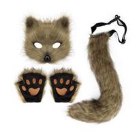 Plush Animal Masque Furry Therian Costume Set for Girls Women Faux Fur Tail Fluffy Paw Multi-color Gloves Fox Cat Wolf Cosplay Accessories Halloween black