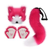 Plush Animal Masque Furry Therian Costume Set for Girls Women Faux Fur Tail Fluffy Paw Multi-color Gloves Fox Cat Wolf Cosplay Accessories Halloween pink