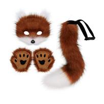 Plush Animal Masque Furry Therian Costume Set for Girls Women Faux Fur Tail Fluffy Paw Multi-color Gloves Fox Cat Wolf Cosplay Accessories Halloween brown