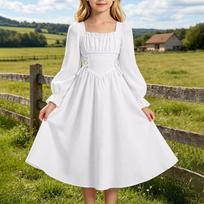 Girls' Elegant Square Neck Long Sleeve Midi Dress with Cinched Waist for Party and Everyday Wear 170 beige
