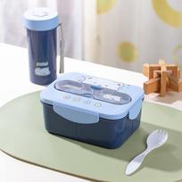 Cartoon Lunch Box Mug Set Portable Plastic Bento Box With Fork Kids Lunch Box Food Storage Container Food Holder blue gray