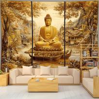 Buddha Meditation Scene Tapestry River Boat Background Spiritual Decor Wall Hanging for Living Room or Meditation Space 150X200CM