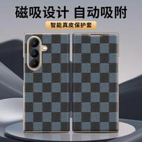 Leather Flip Phone Case W26/25/Z Fold 7 - Magnetic Gold Plated Edge Grid Shockproof Heat Dissipation Samsung Galaxy Z Fold4