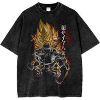 Short Sleeve T-Shirt with Dragon Ball Majin Vegeta Son Goku Silhouette Print, Worn Vintage Style, Loose 990 M black