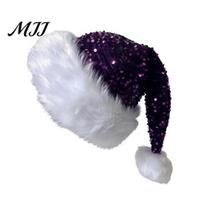 Christmas Decoration for Holiday Events Sparkly Santa Hat Women Men, Glitter Sequin with White Fluffy Trim Soft Comfortable Plush And Pom Pom,