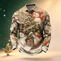 Men's Long Sleeve Golf Shirt Christmas Print Quick-Dry Mesh Casual Activewear Top L gray