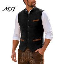 Ethnic Style Suit Vest Retro Men Suede Vest, Stand-up Collar Sleeveless Casual Waistcoat, Slim-Fit Waistcoat with Single-Breasted Side Pockets M black