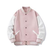 Men Spliced Baseball Collar Casual Outdoor Sport Bomber Jacket Unisex Couple Outerwear S rožinė