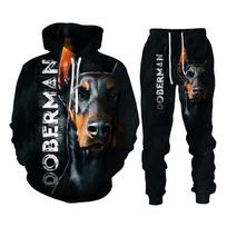 Pavasario ruduo 3D Dobermano marginti gobtuvai Sportiniai kelnės Vyriški megztiniai su gobtuvu 2 vnt. komplektai Sportinė apranga Sportinis kostiumas Vyriškas drabužių kostiumas XXXL black