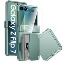 Piniginės tipo dėklas telefonui su RFID kortelių laikikliu, grūdinto stiklo ekrano apsauga, vyrių apsauga, PC korpusas, skirtas Samsung Galaxy Z Flip 7 - Mėtų žalias šviesiai žalios spalvos
