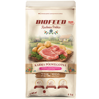 BIOFEED Kuchnia Polska Adult Šviežia kiauliena su kalakutiena ir jautiena 4 kg – pusiau drėgnas Super Premium pašaras suaugusiems visų veislių šunims