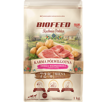 BIOFEED Kuchnia Polska Adult Šviežia kiauliena su kalakutiena ir jautiena 1 kg – pusiau drėgnas Super Premium pašaras suaugusiems visų veislių šunims