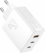 Baseus 65W GaN3 USB-C sieninis įkroviklis, 3 portų PD/PPS greito krovimo adapteris, baltas