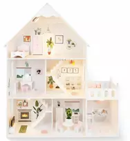 Kinderplay Lėlių namelis su baldais, LED šviestuvais, terasa ir palėpe, lėlėms iki 30 cm, 99 x 30 x 118 cm, baltas