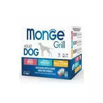 Monge Dog Grill Pouches Multipack Chicken and Turkey, Beef, Codfish 12 × 100 g — wet food multipack with chicken and turkey, beef, and cod for adult dogs.