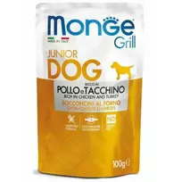 Monge Dog Grill Pouch Junior Chunkies Rich in Chicken and Turkey 100 g — complete wet food for puppies with chicken and turkey, oven-baked chunks