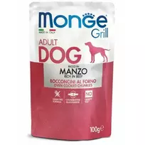 Monge Dog Grill Pouch Adult Chunkies Rich in Beef 100 g — complete wet food for adult dogs with beef, oven-baked chunks