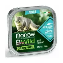 Monge Cat BWild Grain Free Adult Pate Codfish with Vegetables — complete grain-free wet pâté food with codfish and vegetables for adult cats, 100 g