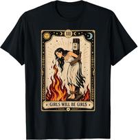 Tarot Card T-Shirt: 'Girls Will Be Girls' with Witch and Cigarette Design 150 beige