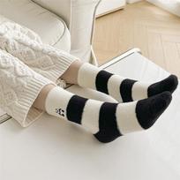 Women's Panda Stripe Black & White Australian Wool Fleece-Lined Winter Socks One Size white