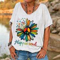 Ilstile Women's Hippie Soul Peace Daisy T-Shirt Retro Boho Flower Print V-Neck Short Sleeve Loose Fit Casual Summer Top 3XL balta