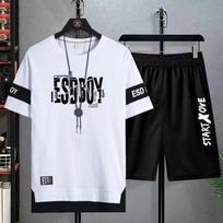 Best-selling Vyriškas Madingas Sportinis Laisvalaikio Trumpomis Rankovėmis Marškinėlis+šortai Dviejų Dalių Rinkinys Madingas Retro Gatvės Rinkinys S white