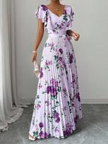 European and American retro hot-selling women's clothing digital printing pleated vacation wind lotus leaf edge waist elegant romantic women's dress XXL white
