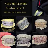 Custom 925 Solid Silver Iced Diamond Grillz 18K Gold Plated VVS Moissanite Hip Hop Jewelry Passes Diamond Tester gray
