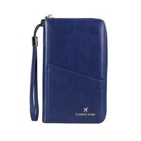 Women PU Leather Passport Wallet RFID Blocking Travel Organizer Long Wallet Zipper Wristlet Clutch Credit Card Holder ID Card Document Purse tamsiai mėlyna spalva