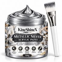 Metallic Silver Acrylic Paint 100g, Multi Surface Craft Paint with Brush for Canvas Wood Stone Paper DIY Art Projects 1pcs