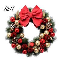Indoor Christmas Decorations Wreath Wall Decal, Door Sticker with Red Bow, Baubles & Pinecones, PVC Murals Removable Holiday Art for Front Window A