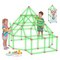Glow-in-the-Dark Fort Building Kit for Kids, 140PCS STEM Builder Toys, for 4 5 6 7 8+ Year Old Boys Girls, Upgraded Balls, Ring & Ball Toss,