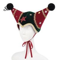 Retro Style Christmas Performance Headpiece Jester Hat, Velvet Star Clown Hat with Gold Trim Pom Funny Cosplay Patches Poms, Adjustable Tie, Headwear B