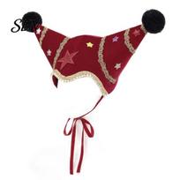 Retro Style Christmas Performance Headpiece Jester Hat, Velvet Star Clown Hat with Gold Trim Pom Funny Cosplay Patches Poms, Adjustable Tie, Headwear A