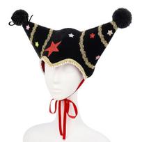 Retro Style Christmas Performance Headpiece Jester Hat, Velvet Star Clown Hat with Gold Trim Pom Funny Cosplay Patches Poms, Adjustable Tie, Headwear D