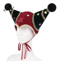 Retro Style Christmas Performance Headpiece Jester Hat, Velvet Star Clown Hat with Gold Trim Pom Funny Cosplay Patches Poms, Adjustable Tie, Headwear C