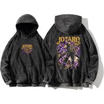 JoJo's Bizarre Adventure Jotaro Kujo Retro Hoodies Vintage Washed Oversized Streetwear Men Long Sleeves 100% Cotton Hooded Tops L black