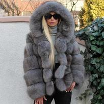 Europe and the United States hot-selling fur jacket with hat splicing imitation mink fox hair artificial fur spot 5XL gray