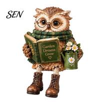 Wisdom Owl Statue for Teacher Gift Reading Figurine, with Open Book Glasses Scarf and Boots, Hand Painted Resin Sculpture Home Decor, Nook Shelf Lover B