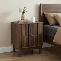 Mid-Century Modern Walnut Bedside Table, Slatted Design with Two Drawers, for Bedroom, Living Room, Children's Room, 45 x 39 x 56.5 cm, 1 Piece 45 x 39 x 56.5 cm