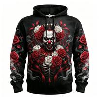 Men's Creepy Broken Clown Poker Cards Horror Full Print Hoodie Long Sleeve Pullover Sweatshirt For Cosplay Party L black